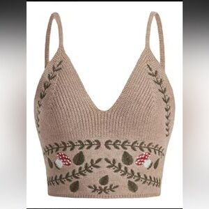 NWT ROMWE Tan Knit Crop Top with Leaf mushroom Embroidery S